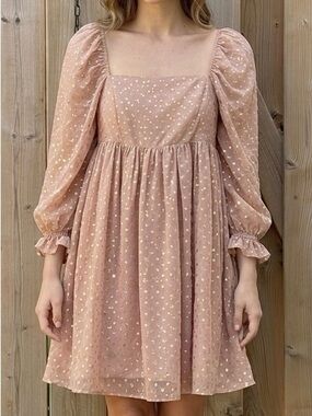 STORIA Gold Metallic Fleck Swiss Dot Babydoll Mini Dress - Size Small